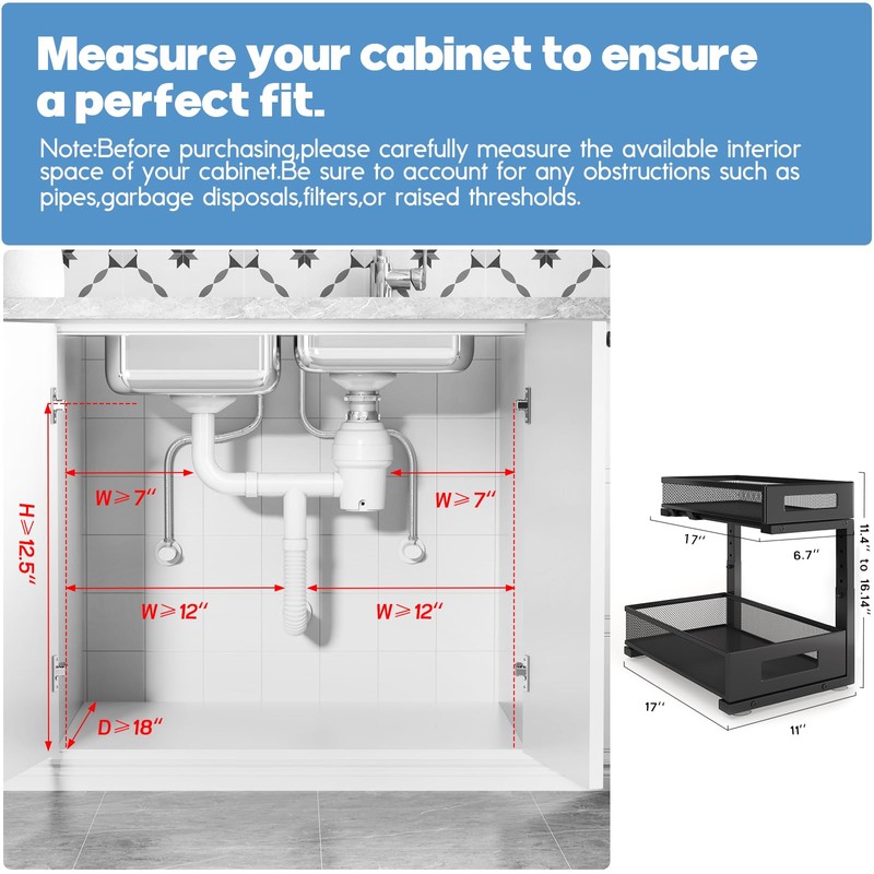 Biboraya 1 Pack 17IN Depth Under Sink Storage Organizer, Large