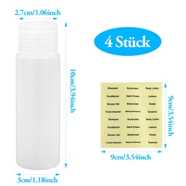4 Pack 50ml Travel Bottles Empty Refillable Squeeze Bottle with Flip Top Clear Plastic Bottles for Makeup Shower Gel Toiletries with 4 Labels