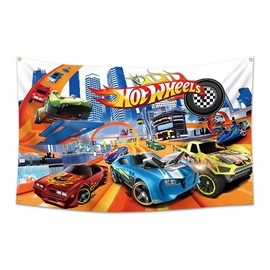 DecrPlus Hot Cars Birthday Banner Backdrop for Wheels Birthday PartyBackdrop,Race car Birthday Party Supplies，Race car Birthday Party Supplies,Birthday Party Background Banner (3x5Ft)
