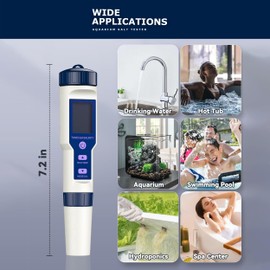 5-in-1 Digital Salt Tester for Aquarium and Pool TDS, pH, Salinity, EC, and Temperature Meter, Accurate Readings, LCD Display, Waterproof