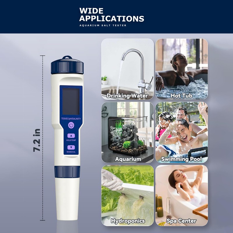 5-in-1 Digital Salt Tester for Aquarium and Pool TDS, pH,