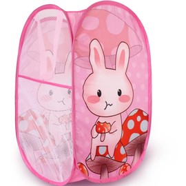 WEI LONG Cute Foldable Pop Up Hamper - Mesh Laundry Basket Durable Handles Toys Tidy Clothes Socks Storage Bag (Pink Little Rabbit)