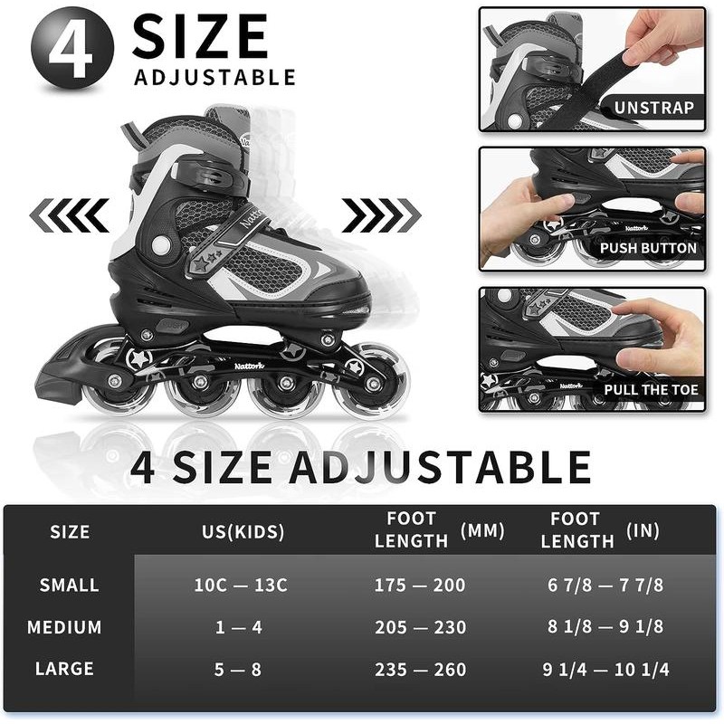 Nattork Adjustable Inline Skates for Kids - Black - Model
