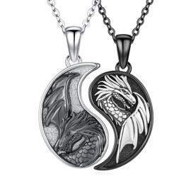 XIXLES Yin Yang Dragon Necklace 925 Sterling Silver Yin Yang Matching Pendant Necklace,Dragon Couples Friendship Jewelry for Women with Gifts Box