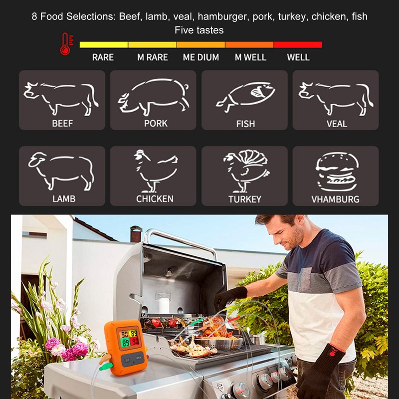Meat Temperature Probe Smart Wireless LCD Display 4 Probes Grill