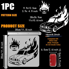 FINGERINSPIRE Flames Car Stencils with a Paint Brush 11.8x11.8Inch Fire Car Painting Stencils Reusable Motor Vehicles Pattern Stencil Transportation Themes Car Template for DIY Crafts Home Decoration