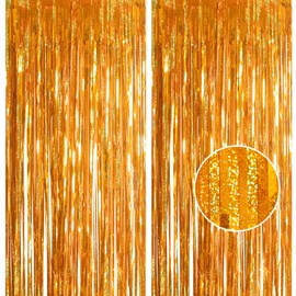 2pcs 3.2 x 8.3ft Glitter Gold Tinsel Curtain Foil Curtain Decorations Metallic Tinsel Door Hanging Foil Flow Silk Streamers Photo Backdrop Decoration for Christmas Graduation Newyears Wall Streamers