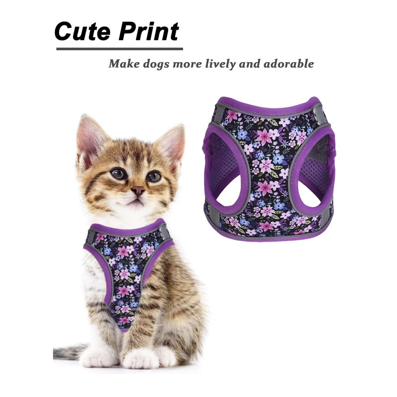 JUFOO M Purple Flower Pattern Dog Harness and Leash Set,No