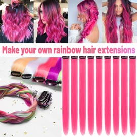 TOFAFA TOFAFA 22 inch Colored Hair Extensions Straight Hairpiece, Multi-colors Party Highlights Clip in Long Synthetic Hair Extensions for Kids Women Girls(12 PCS Hot Pink)