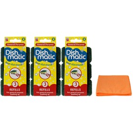 Dishmatic Fillable Washing Up Brush Refills (9 Packs) - General Purpose Brush Refills - with Ultra Absorbent Microfibre Cleaning Cloth