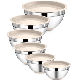 LIANYU 6 Piece Mixing Bowls Set with Airtight Lids, Size 7, 3.5, 2.5, 2, 1.5, 1QT, Stainless Steel Nesting Metal Bowls for Kitchen Baking Cooking Serving Food Storage, Non-slip Bottom, Khaki