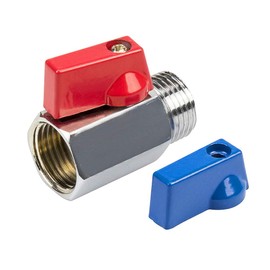 Mini Ball Valve Diameter 1/2 Inch DN15 with Wing Handle Interchangeable Handle Red & Blue Internal Thread Male Thread Shut-off Valve with Throttle & PTFE DIN Tap Chrome-Plated Brass PN10
