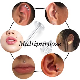 JFORYOU Bioflex Clear Lip Piercing Labret Monroe Stud Lip Ring Tragus Helix Earring Piercing Earring 1.2 mm 6 mm 8 mm 10 mm 12 mm, Metal