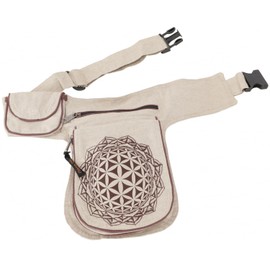 GURU SHOP Fabric Sidebag & Waist Bag 'Flower of Life', Boho Belt Bag, Bum Bag from Nepal - Olive Green, Men/Women, Cotton, 25 x 20 x 4 cm, Festival Bum Bag Hippie, beige / brown, Unit size, Casual