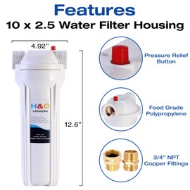 H&G Lifestyles Whole House Water Filter Housing,2.5 x 10 Water Filter Canister, with 3/4 Copper NPT Fittings Stainless Steel Bracket, RV Water Filtration System for Well Water & City Water White