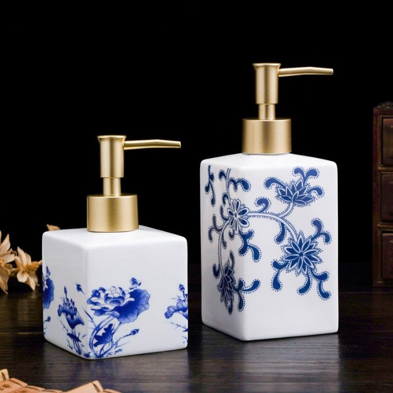 JHNIF Blue and White Porcelain Lotion Bottle with Gold Pump,