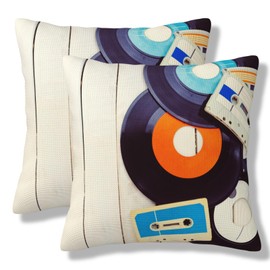 ZYLITHO Gramophone Records Throw Pillow Covers Old Audio Cassettes Square Pillow Cases 18x18 Inch Set of 2 Wooden Table Nostalgia Music Pillowcase Cushion Cover for Home Bedroom Couch Sofa