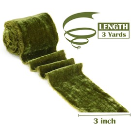 MEEDEE Olive Velvet Ribbon 3 Inch Olive Velvet Ribbon Fringe Velvet Ribbon Raw Edge Silk Velvet Ribbon for Wreaths, Flower Bouquet, Photography, Dress Sash, Baby Shower, Wedding Decor (3 Yards)