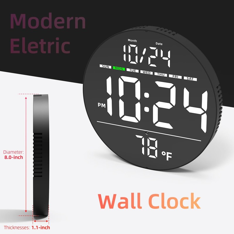 Digital Wall Clock with Large LED Display, Date, Temperature, Auto-Brightness