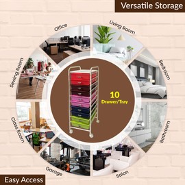 Organize Art Supplies Beauty Products Kids' Cafts and Makeup with Black 10-Drawer Multipurpose Mobile Rolling Storage Organizer (10 Tier (Multi-Color))