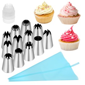 Qianyu Spritzbeutel Mit Tüllen Profi 14 Stück Wiederverwendbar 12 Verschiedene Spritztüllen mit 1X Kupplungen 1x 30.5 cm Spritzbeutel Edelstahl Professionelle für Kuchen Torten Keksen-Dekoration