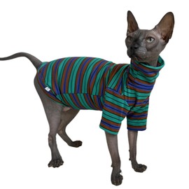 Vintage Stripes Sphynx Hairless Cats Shirt Cotton Cat Turtleneck Pet Clothes Kitten T-Shirts with Sleeves for Sphynx Cornish Rex, Devon Rex, Peterbald (Green Stripe, Small (Pack of 1))