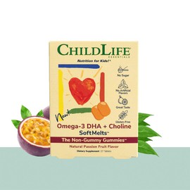 ChildLife Essentials Omega-3 DHA + Choline SoftMelts - for Infants, Babies, Kids, Toddlers, Children, and Teenagers - Natural Passionfruit Flavor - 27 Tablets