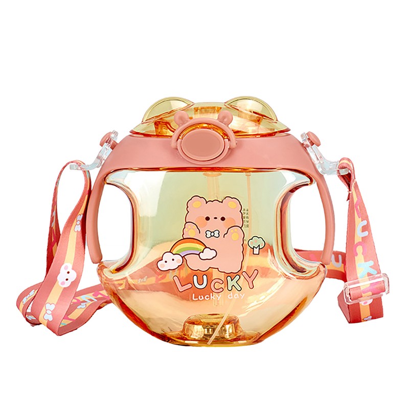 450ml Kids Water Cup with Handle and Lanyard Plastic Straw