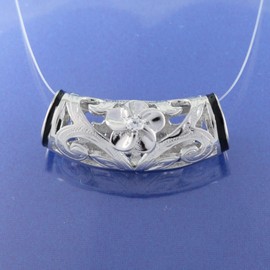 Unique Hawaiian Plumeria Maile Leaf Lava Tube Necklace, Sterling Silver Plumeria Flower CZ Barrel Pendant, N8563A
