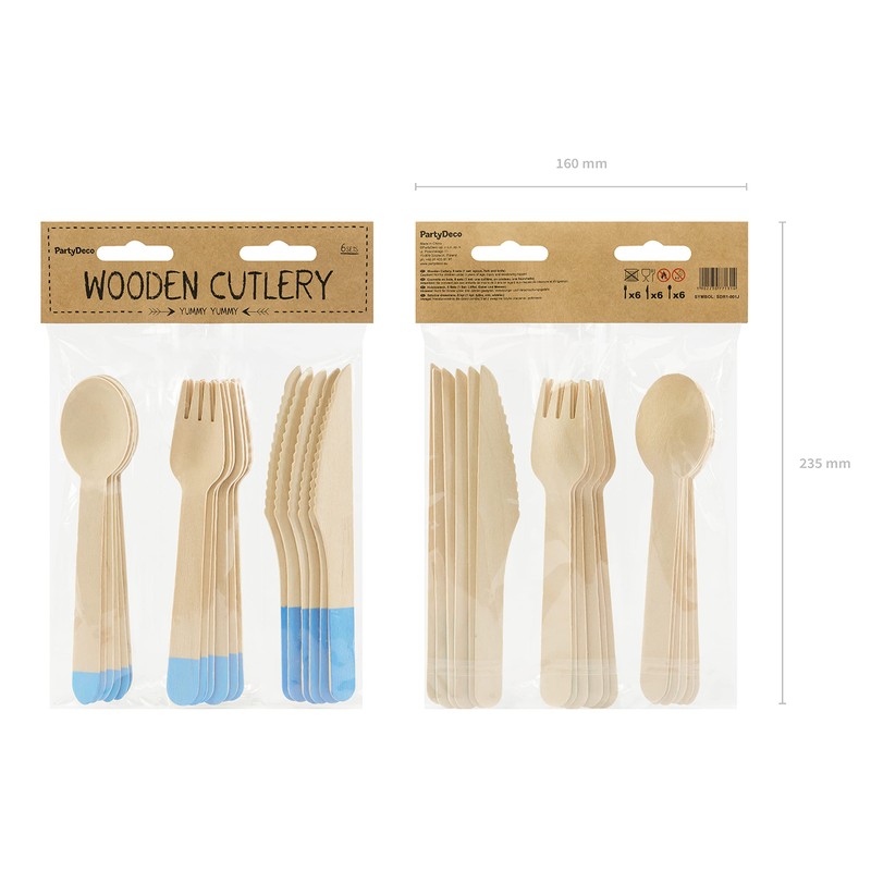 PartyDeco 18 Pastel Blue Wooden Cutlery - Dusty Blue