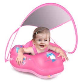 LAYCOL Baby Swimming Float Inflatable Baby Pool Float Ring with Sun Protection Canopy,add Tail no flip Over for Age of 3-36 Months (Pink, S)