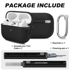 WOYINGE for AirPod Pro Case Cover with Cleaner Kit, Soft Silicone Cover for AirPods Pro 2nd Generati/1st Comes with Keychain for Women Men,Suitable for 2nd Generation Case,Black