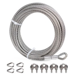 DOEWORKS Wire Rope 1/4" Stainless Steel Cable,100FT 7X19 Strands Steel Aircraft Cable with Loops,Wire Rope Clip, Thimble,for Outdoor,Garden or Crafts,Yard, Boat Lifts,Deck Railing