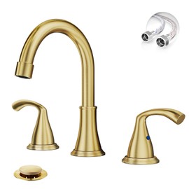 Phiestina 8 Inch 3 Hole 2 Handle Widespread Brushed Gold Bathroom Sink Faucet, Modern Bathroom Faucet with Metal Pop up Drain and Water Supply Lines, WFJC180-BG