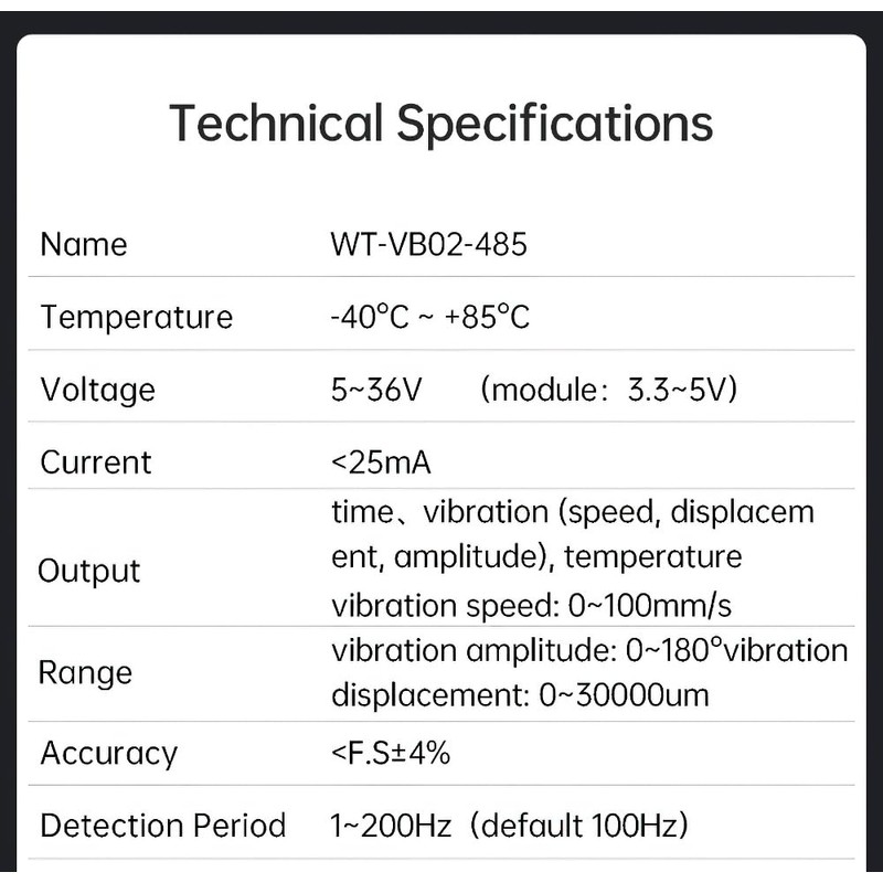 WITMOTION WTVB02-485 200HZ IPX8 Waterproof Vibration Sensor Transducer, Modbus RTU