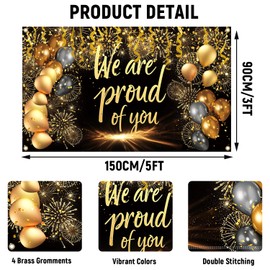 We Are So Proud of You Banner - 3 x 5ft Graduation Banner, Black and Gold Colors, Durable Polyester with Grommets, Double-Stitched Edges, Perfect for Graduation Parties, Prom, and Outdoor Decor