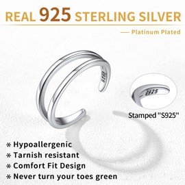 ChicSilver 925 Sterling Silver Toe Rings for Women Hypoallergenic Minimalist Thin Line Open Cuff Toe Ring Band Adjustable