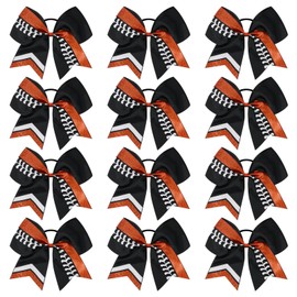 DEEKA 8" Softball Cheer Bows with Glitter Stitching Thread Cheerleader Bows Ponytail Holder for Softball Team Girls Pack of 12 (Black+ Glitter Red/White)