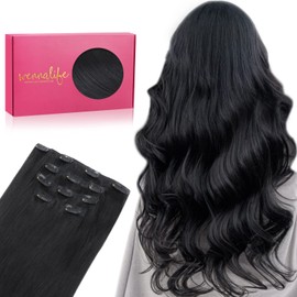 WENNALIFE Clip-In Real Hair Extensions, 75 g, 5 Pieces, 35 cm, Deep Black Extensions, Clip-In Remy Clip-In Extensions, Natural Hair Extensions Real Hair