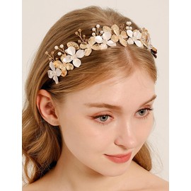 Teyglen Gold Flower Wedding Headband Flower Leaf Bridal Headpiece Floral Flower Hair Crown Crystal Pearl Hair Piece Hair Accessories for Women Girls