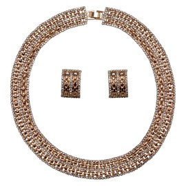 Faship Clear Crystal Rose Gold Plated Panther Link Choker Necklace Earrings Set - Clear/Rose Gold Plated