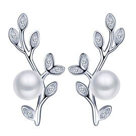 MICGIGI-Women Pearl Leaf Earrings 925 Sterling Silver Crystal Stud Earrings with 6.5mm Pearls