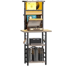 YAKANJ Record Player Stand with Led Light,Record Player Table with Vinyl Storage,Turntable Stand with Record Holder Vinyls Display Shelf for Music Room Studio,Greige