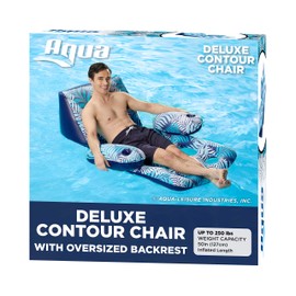 Aqua Deluxe Contour Pool Chair Lounge, Luxury Fabric, Suntanner Adult Size Pool Float, Lake Floating Chair, Heavy Duty, Blue/White Fern