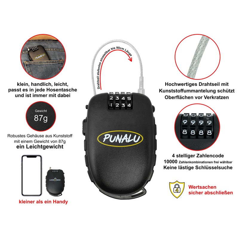 Punalu Compact, Lightweight Ski Lock, Bicycle Lock with 4-Digit Combination