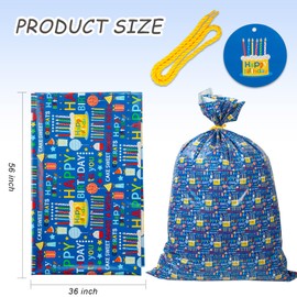 Merture 56" x 36" Blue Extra Large Birthday Gift Bag with Tag & Tie, Jumbo Gift Bag with Cakes, Candles, Happy Birthday Text for Birthday, Christmas, Baby Shower and More - 1 Pcs