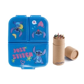 OM SUPPLIES Stitch Palms Reusable Sandwich Lunch Box 3 Multi Compartment Kids Children School Includes Half Size 12pcs Pencil Set (Stitch)