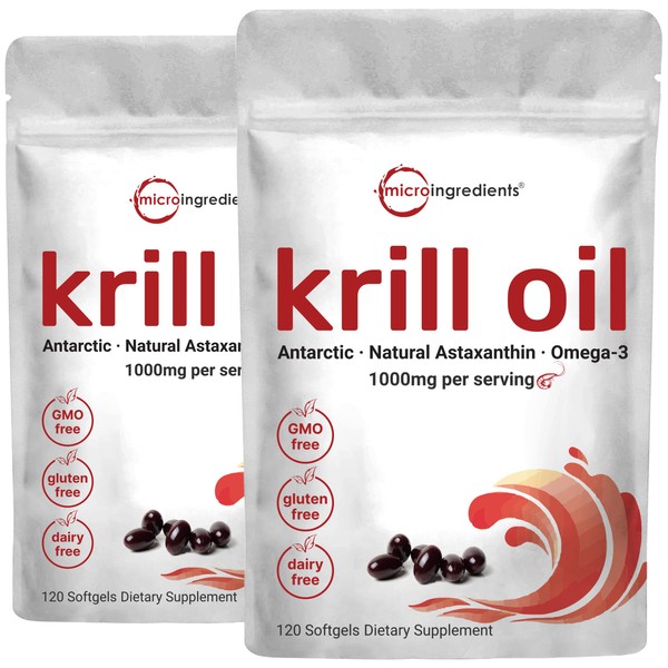 2 Pack Antarctic Krill Oil Supplement, 1000mg Per Serving, 120 Soft-Gels Each, Rich in Omega-3s, EPA, DHA & Astaxanthin, Supports Brain Health, Premium Krill Oil Capsules Liquid Softgels