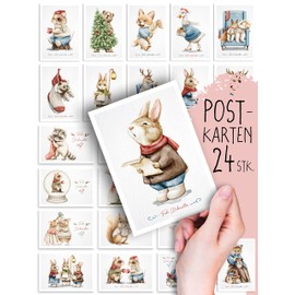 Weihnachtskarten 24 Stück Postkarten, Tierisch schön, Boho Deko, Design, Illustration, niedlich süße Weihnachtspostkarten, Weihnachten, Xmas, Set, Mix, Geschenk, Grußkarten, Geschenkkarten