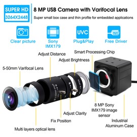 Hotpet USB Camera 8MP 5-50mm Varifocal Lens USB Camera for Indoor Outdoor Super HD 3264X2448 Embeded Camera for Industria for Linux Windows Android Mini Web Cam Plug&Play OTG Supported Webcamera